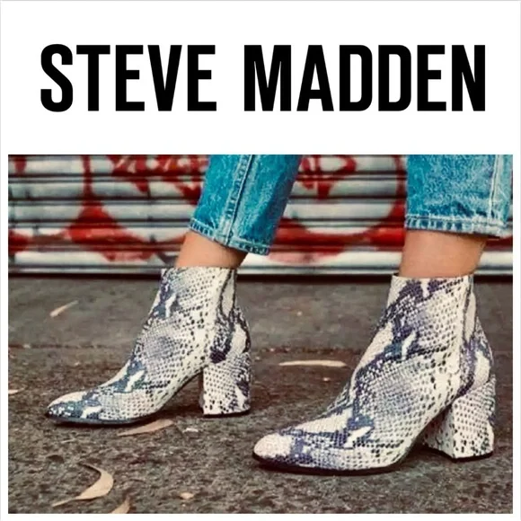 Madden Girl Boots womenโs sz 8.5M, Snake print heeled point toe chunky bootie - Picture 1 of 7